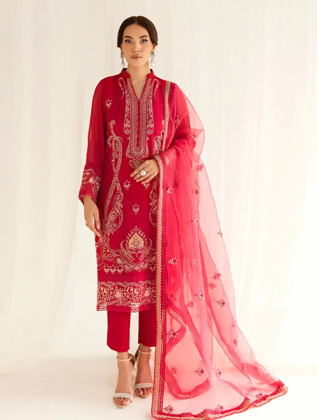 Women's ZEPHYR Embroidered Chiffon 3-Piece Stitched Suit - Clothes with Embroidered Shirt, Styled Sleeves, Premium Chiffon Fabric, Trouser