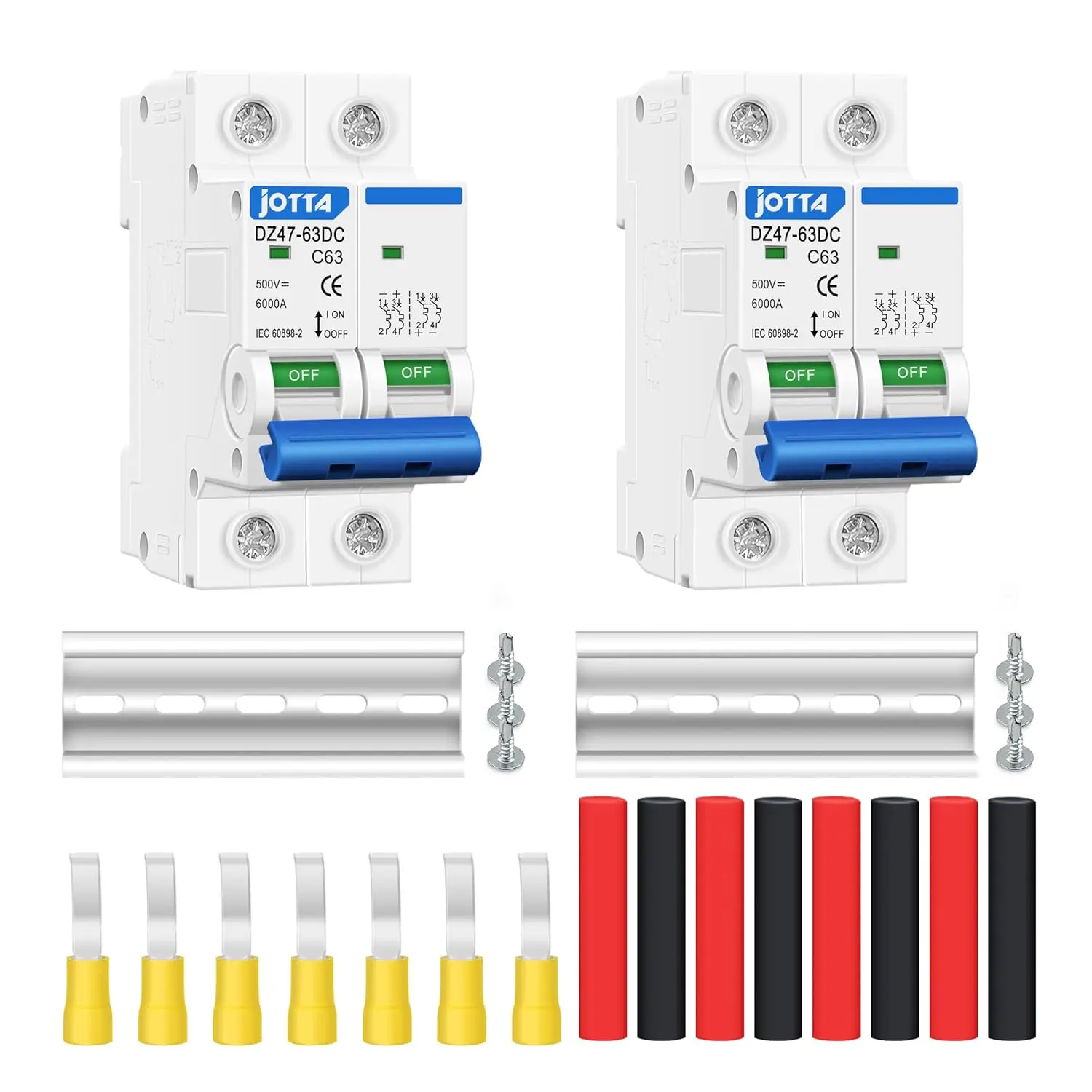 DZ47 Miniature Circuit Breaker (2 Pack) - 500V DC 63A Overload Protection MCB Switch, 35mm Din Rail Mount, Isolation, Current Limiting, Arc Extinguishing for PV Solar Energy DC Systems, Power Distribution Accessory