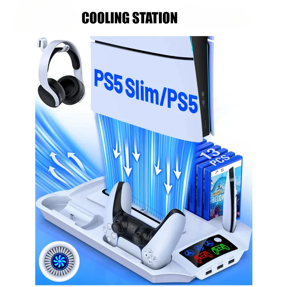 Stable Vertical Cooling Stand for PS5 Disc/Digital Consoles, 3-Mode LED Cooler Fan Cooling System, 3-Speeds Design Controller Charging Dock, Gaming Accessory for Newest PS5 Controllers, Smartphones