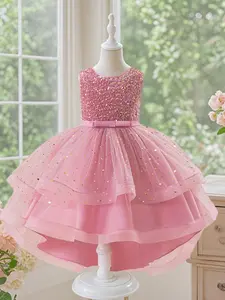 Girl's Glitter Sequin Decor Formal Dress, Elegant Round Neck Sleeveless A Line Dress for Party Wedding Guest, Kids Clothes for Summer, Sparkly Glitter Dresses