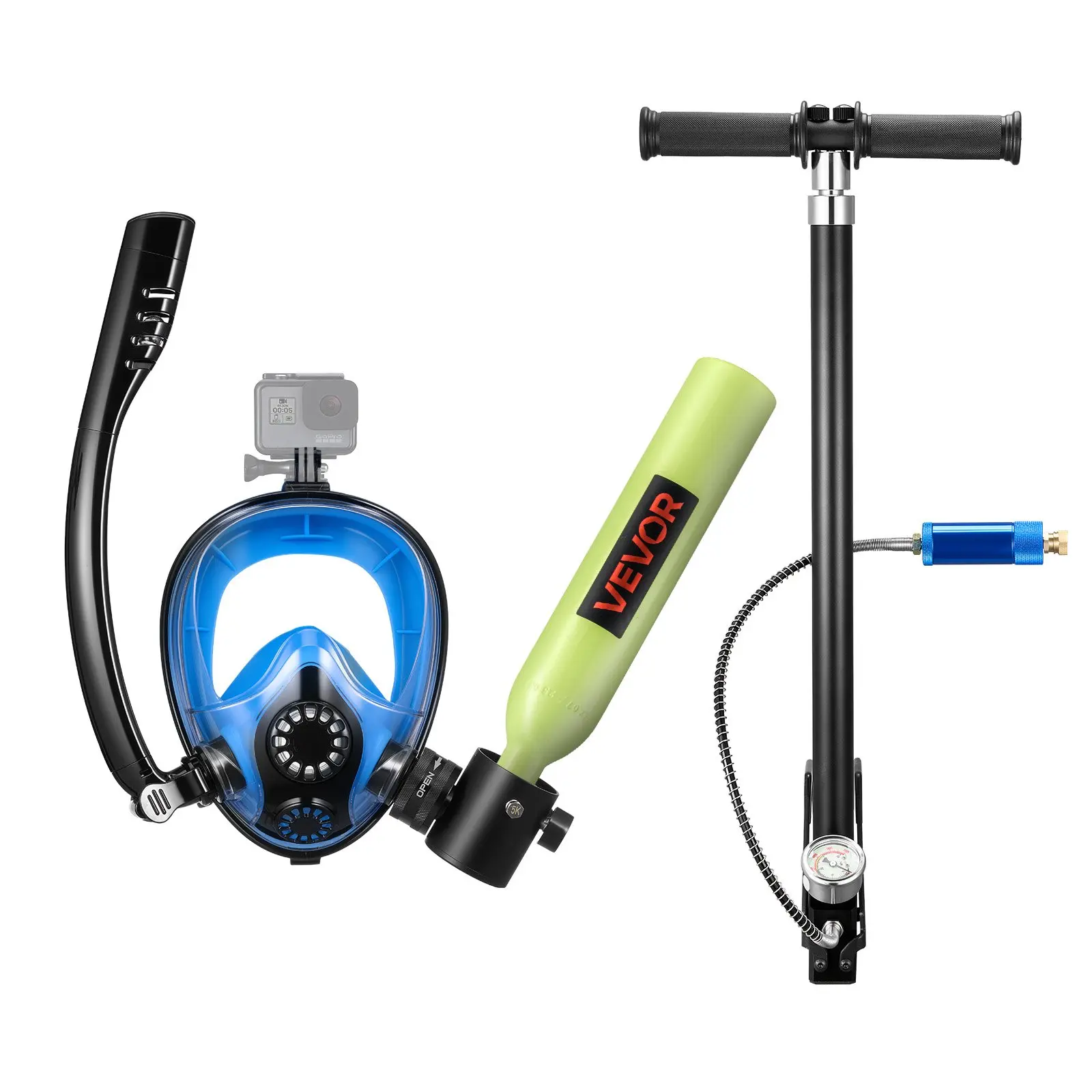 【Father's Day Gift】VEVOR 0.5L High-Pressure Resistance Portable Scuba Tank with Diving Mask & Manual Pump, Reusable Underwater Breathing Cylinder, 10-Minute Dive Time Emergency Rescue Pony Bottle for Snorkeling, Easy Refilling, Easy to Observe & Record, F