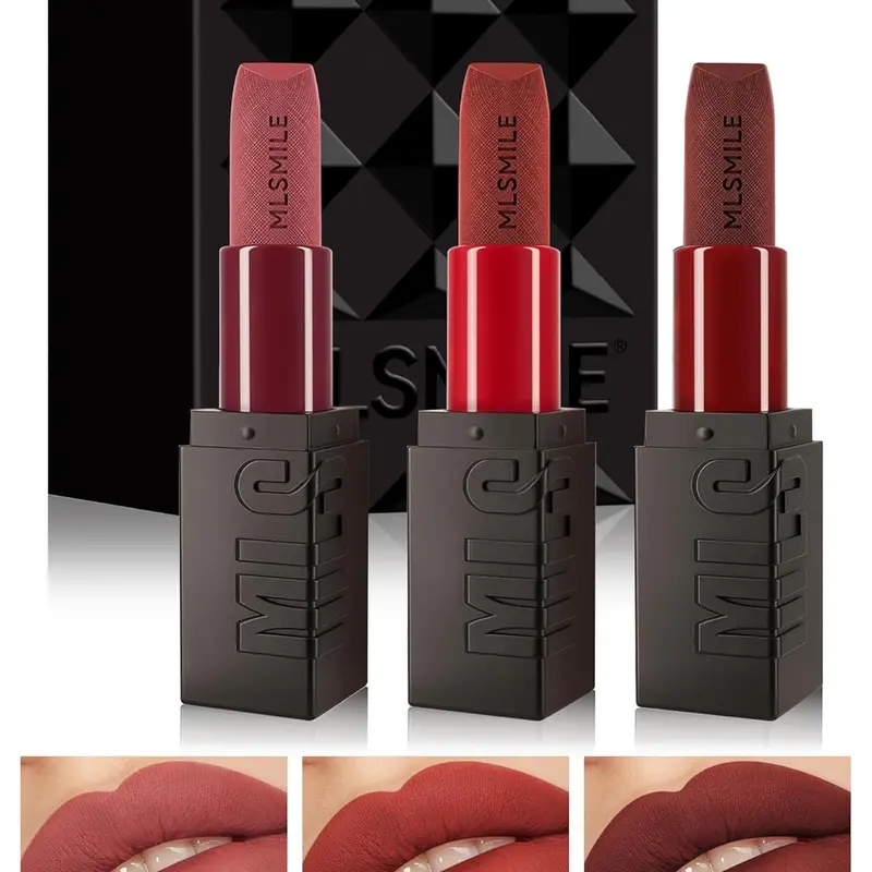 Matteliquit Women's 3-Pc Velvet Satin Lipstick Gift Set - Lightweight, High-Pigmentation Cosmetic, Long-Lasting Waterproof, Elegant Lip Stain & Balm for Daily, Christmas Use, All Skin Types, Color Correction