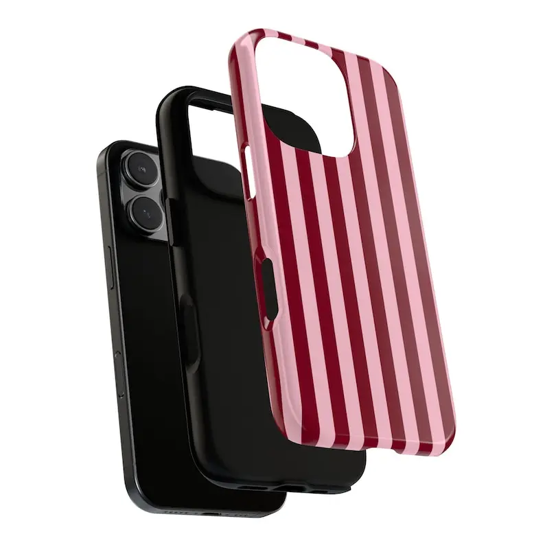 Burgundy and pink striped phone case, bold candy-striped iPhone, sturdy Pixel case, compatible with iPhone 17/16/15/14/13/12/11/X/XS/XS Max/XR/7P/8P, stylish protective case, perfect holiday gift for friends, family, or yourself., Cover, Accessories, Smar
