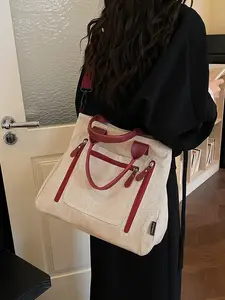 Korean Style Ins Fashion Beige Wine Crossbody Stylish Tote Bag Large Capacity Canvas Commuter Bag for Work School New