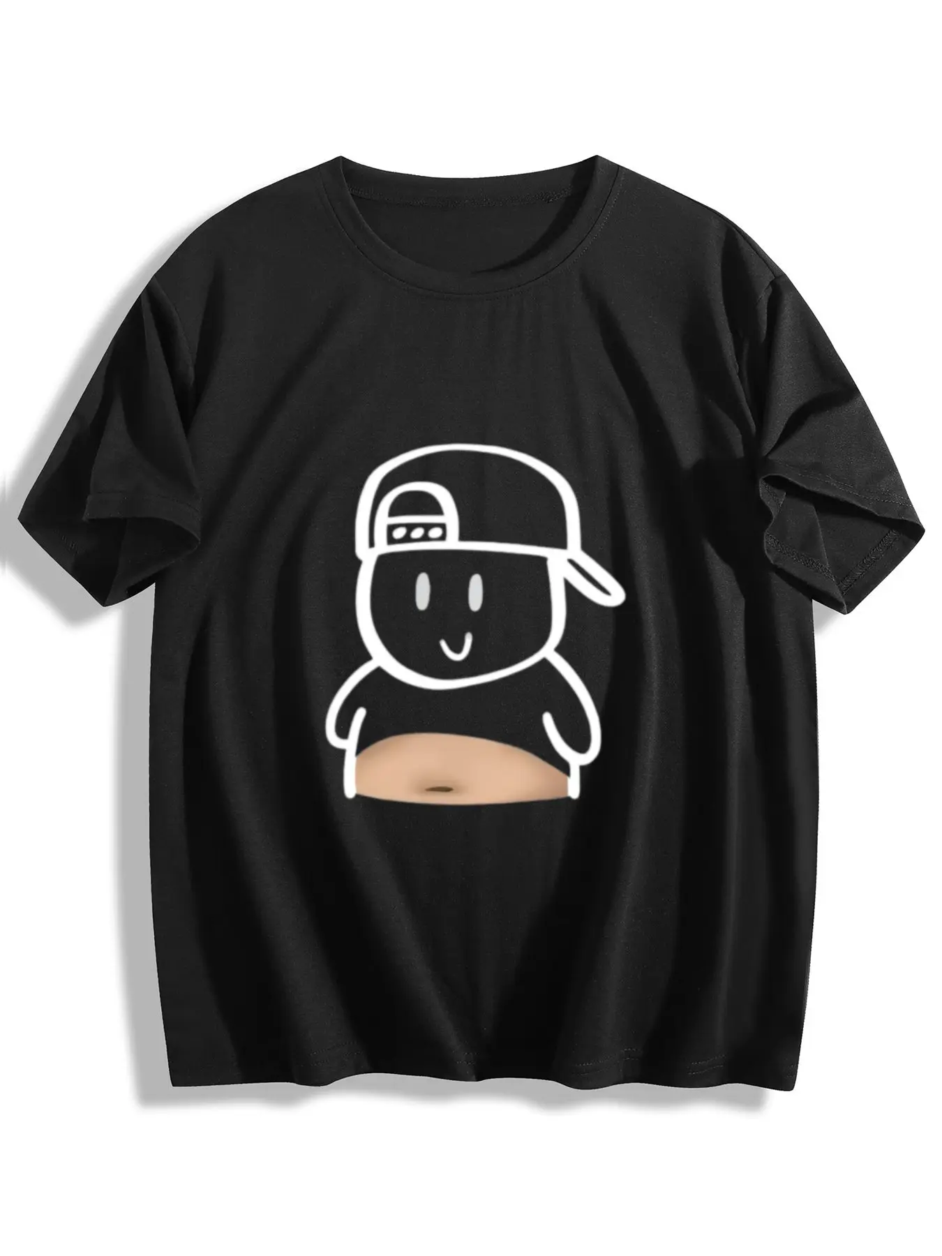 Men's Casual Cartoon Illusion T-Shirt with Funny Fake Tummy Graphic, Round Neck Shortsleeve Novelty Menswear, Fashion