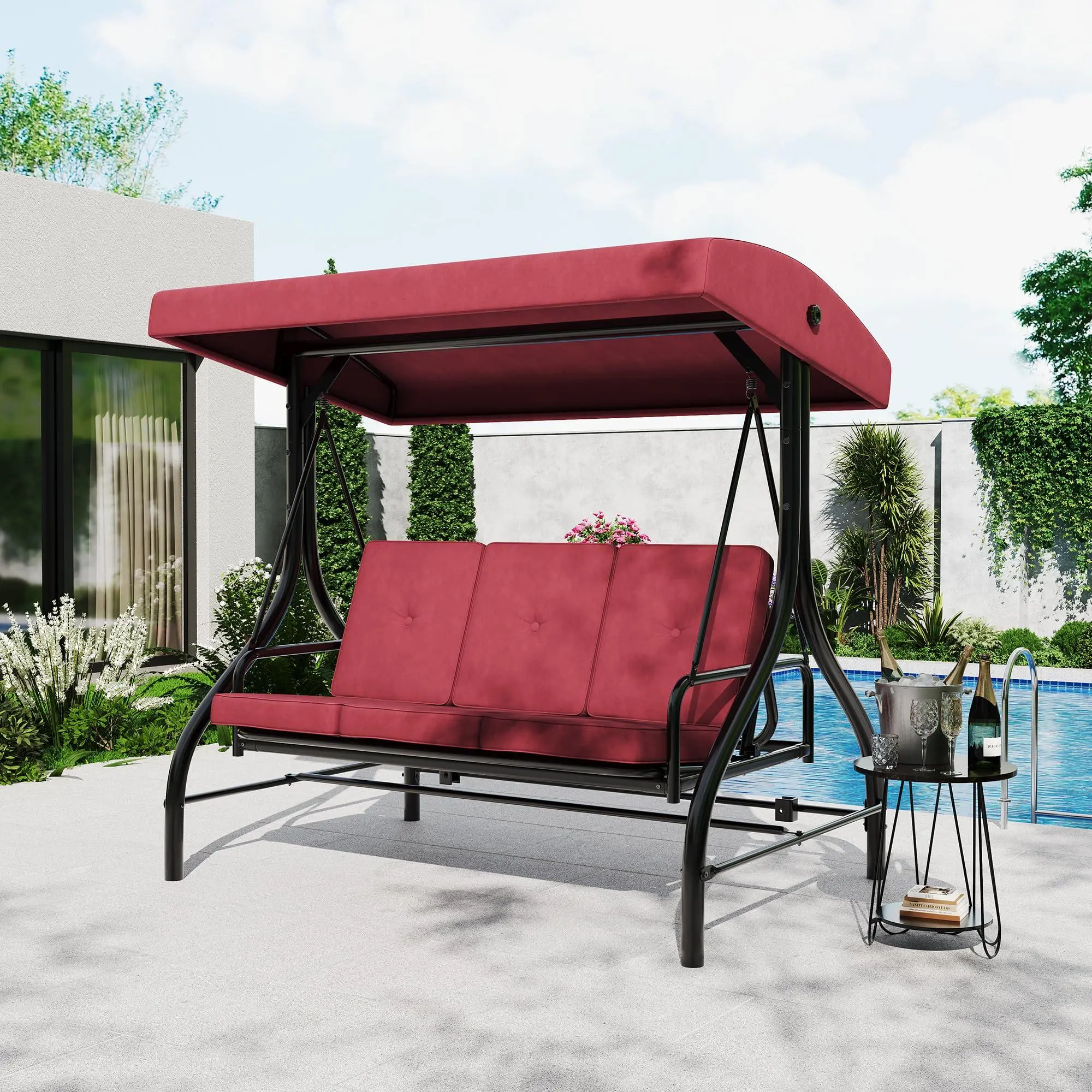 GARVEE 3-Seater Outdoor Porch Swing with Stand for Adults, 2-in-1 Convertible Design, Thick Cushion, Adjustable Removable Canopy - Backyard Garden Patio Furniture