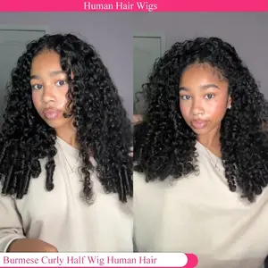 Burmese Curly Half Wig Human Hair with Spiral Curls Wear and Go Glueless Curly Wig 3 In 1 Seamless Flip Over Drawstring Wig 210% Density No Headband Wig for Black Women Beginner Friendly