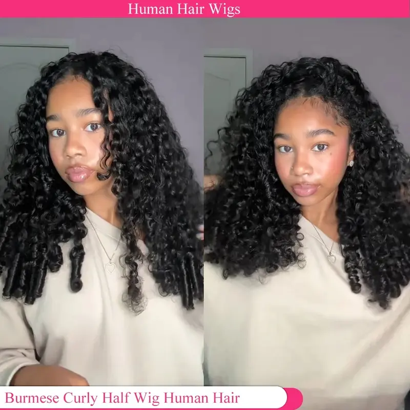 Burmese Curly Human Hair Half Wig - 3-in-1 Seamless Flip-Over Drawstring Wig, 210% Density, Glueless Wear-and-Go, No Headband, Beginner-Friendly for Black Women (Salon Haircare Supplies), Human Hair Wig