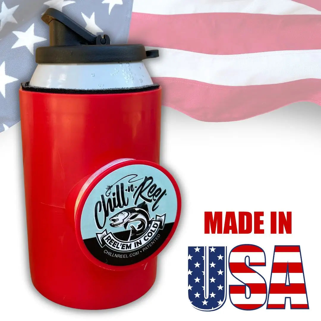 Chill-N-Reel Fishing Can Cooler (from Shark Tank) | Drink Holder w/ Reel | Spill Guard | Fits Standard Coozies | Unique Fishing Gift | Durable Plastic