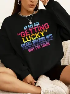 【Plus Size】 Letter Print Round Neck Pullover, Fashion Casual Crew Neck Long Sleeve Funny Relatable Sweatshirt for Daily Outdoor Wear, Women Clothing for Fall & Winter