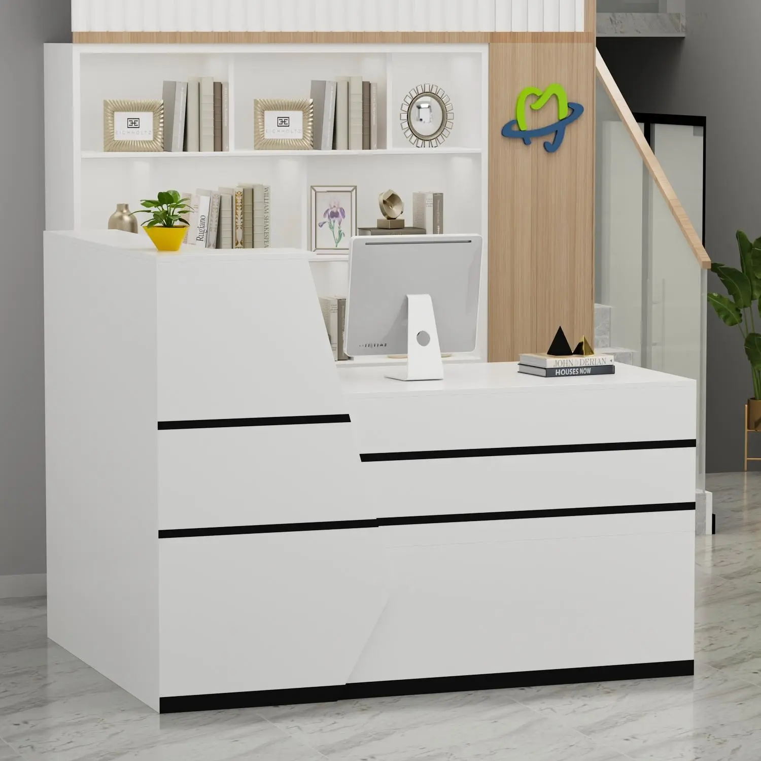 FUFU&GAGA Modern Interior Office Reception Desk with Lockable Drawer, Open Shelves, Keyboard Tray, Cabinet, Black Stickers, Storage Organizer (55.1”W x 43.3”D x 43.3”H) White Furniture