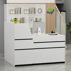 FUFU&GAGA Reception Desk with Lockable Drawer, Open Shelves & Keyboard Tray, Office Desk Reception Counter Table with Cabinet and Black Stickers, White (55.1”W x 43.3”D x 43.3”H) Furniture Organizer