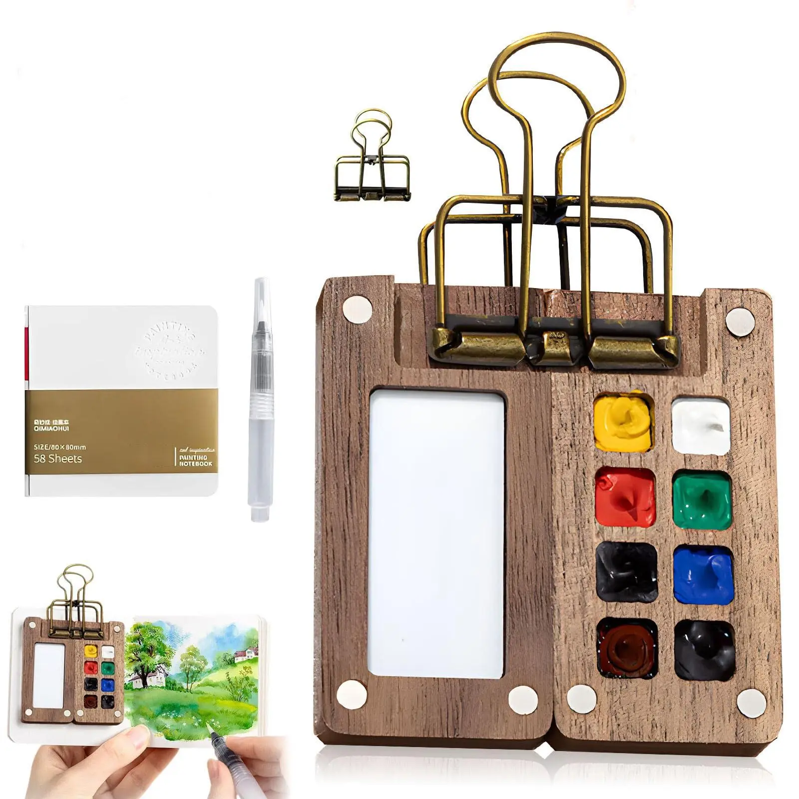 Portable Nano Watercolor Palette Kit, 12/24 Colors & 8/15 Grid Wooden Box Design, Ideal for Artists Painters Students Travel Set, Painting Supplies