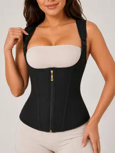 Black Corset Waist Trainer for Women, Front Zipper Shapewear Vest with Inner Hook Closure, Adjustable Shoulder Straps and Smooth Waist Support Panels