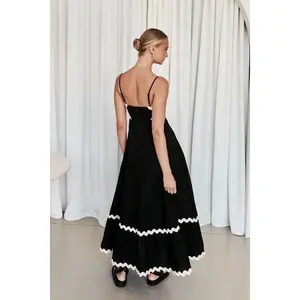 Benny Maxi Dress - Black Spaghetti Strap Sleeveless Classic Chic Evening Wear with Zigzag Trim & Straight Neckline for Summer Events