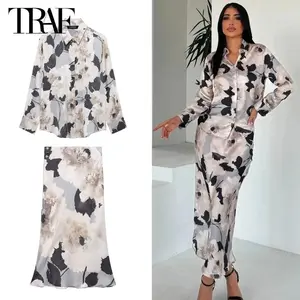 TRAF Print Women's Skirt 2 Piece Set Satin Shirts and Blouses for Women High Waist Midi Skirt Women's Suit Holiday Outfits Woman