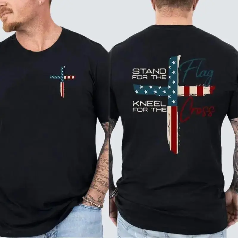 Patriotic Christian Faith T-Shirt – Stand for Flag Kneel for Cross Religious Shirt | American Pride Cross Design Tee for Men  | Conservative Christian Cotton Clothing 90s graphic tees
