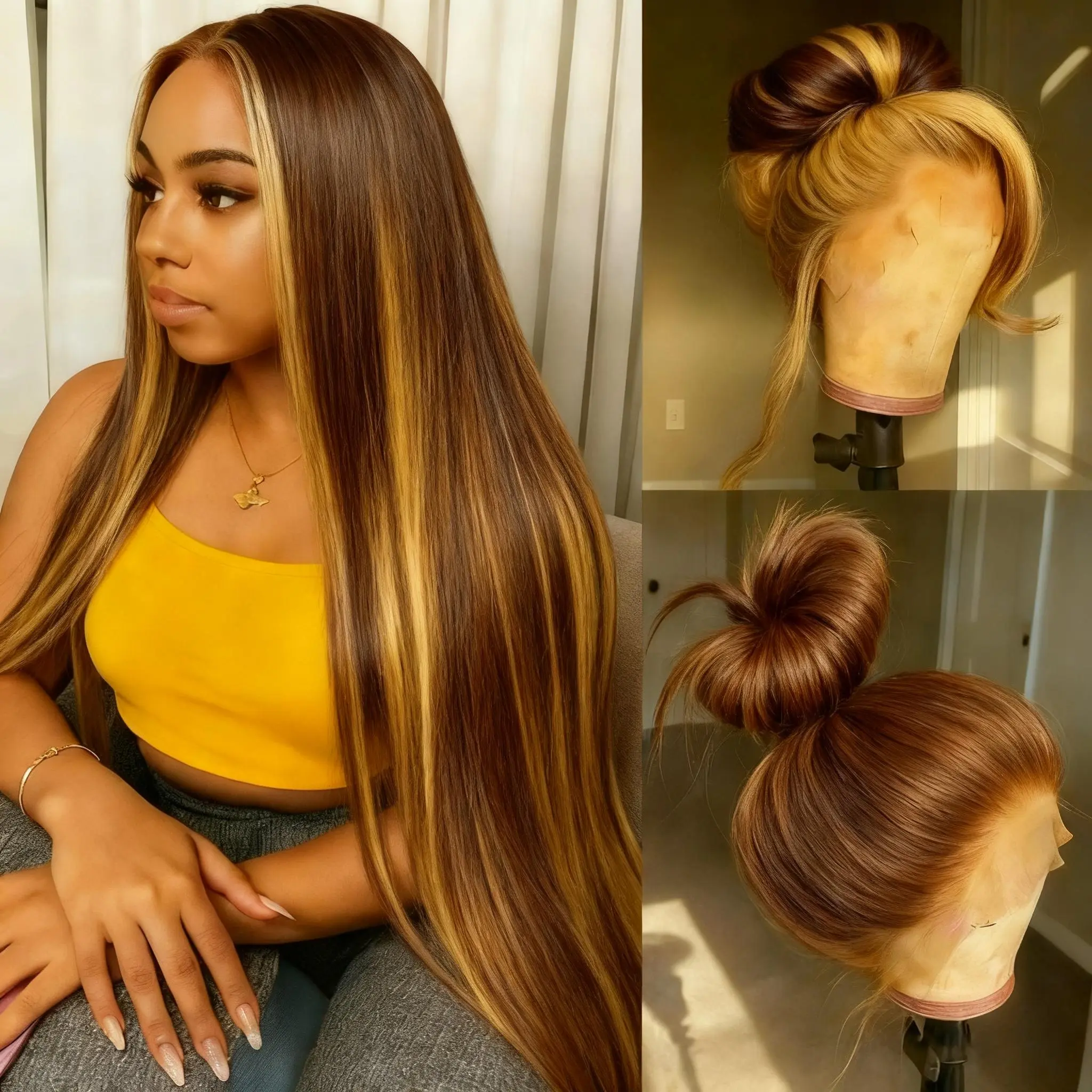 P4/27 Highlight Bone Straight Human Hair 13x4 HD Transparent Lace Frontal Wigs Human Hair Brazilian Pre Plucked With Baby Hair Highlight 4 27 Colored 180% Density Human Hair Wigs For Women