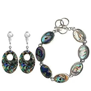 Oval Abalone Paua Bracelet and Clip On Dangling Earrings Set