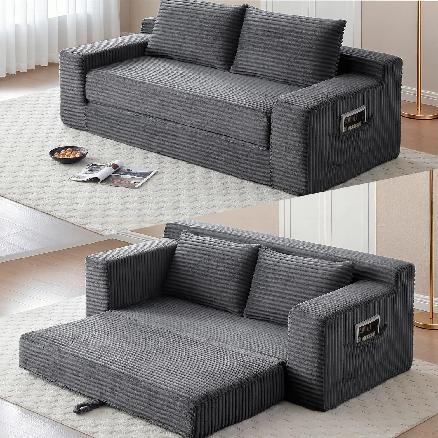 73" Memory Foam Cloud Loveseat Sofa, 2 in 1 Convertible Folding Couch Bed, Compressed Corduroy Floor Lounge Sofa, No Assembly for Apartment Office Bedroom Living Room (Grey)