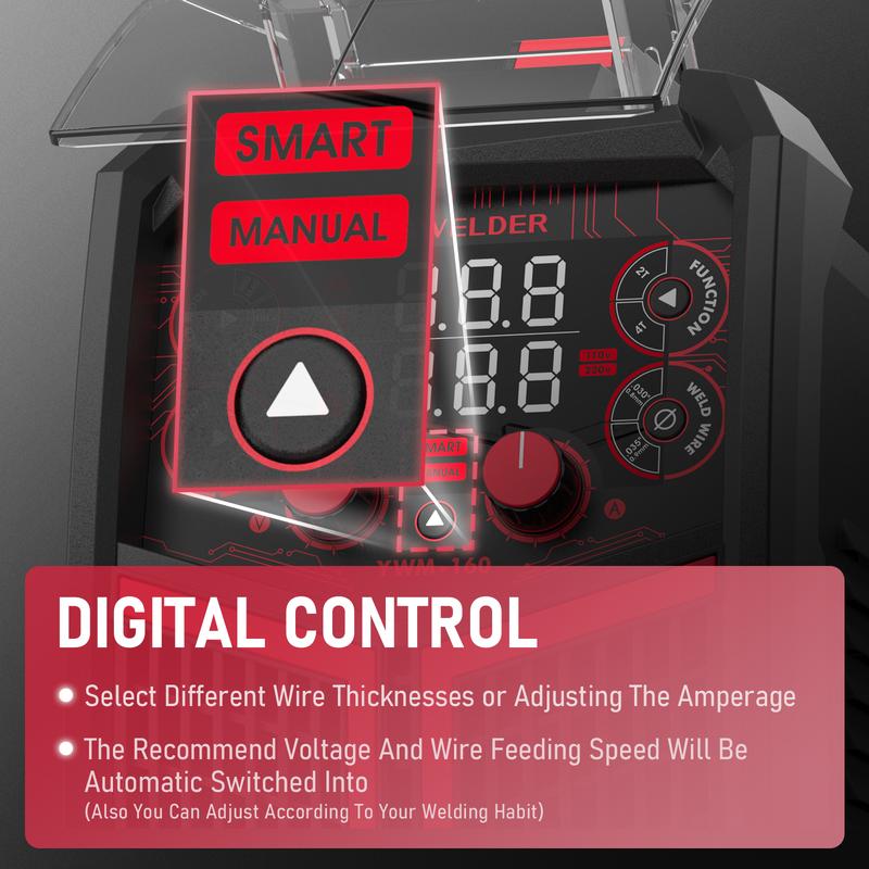 YESWELDER YWM-160 Gas Gasless MIG Welder 160Amp | 110/220V Dual Volts, Smart MIG, Digital Display | Gas/Flux Core/Lift TIG/Stick 4-in-1 Welding Machine