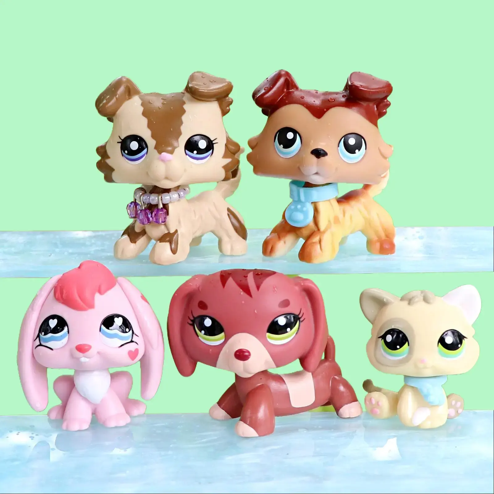 5 Pcs Cute Big Eye Bunny Dog & Cat Mini Figurines, Hand Painted PVC Collectible Animal Dolls with Decorative Accessories, Pretend Play Toys, Cake Topper Ornaments & Kids Birthday Holiday Gifts