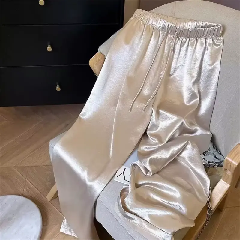 Women's Casual High Waist Trousers, Solid Color Straight Cut Wide Leg Pants with Elastic Waist, Regular Fit for Summer Office, Bottom, Pleated Front, Fabric, Polyester Blend, Regular Size, Mid Waist, Non Stretch