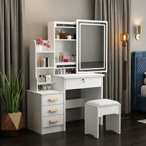 34.8" White Makeup Vanity Desk With Sliding LED Mirror and Stool Touch Control 3 Color Dimmable Lights Space Saving Dressing Table Modern Bedroom Dresser Ideal Birthday Christmas Gift For Girls Home Furniture