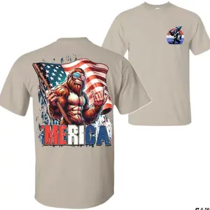 Men's Short-Sleeve Cotton Fitted Round Neck Casual 'Merica Sasquatch T-Shirt, Armed Sasquatch & USA Flag Graphic, Trending 4th of July Day, Men's Graphic Tees, Casual Outfit, Comfortable Menswear, Perfect Gift For Men, May2