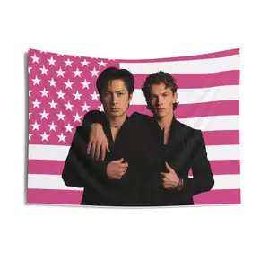 Heated Rivalry Tapestry, Pink Flag LGBTQ Fabric Wall Art ,American Flag Pink Stars And Stripes Wall Tapestry With Two Men In Black Suits Decorative Home Art For Bedroom Living Room