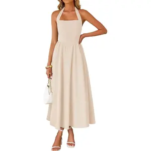Women's Summer Sleeveless Halter Midi Dress 2026 Off Shoulder High Waist Flowy Beach Wedding Guest Long Dresses