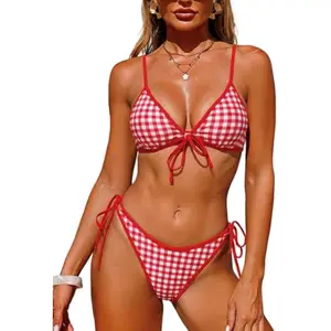SwimWeek Women's Plaid Bikini Swimsuit Gingham 2 Piece Bathing Suit of Front Tie Push Up Bra High Cut Tie Side Thong 2026 Curvy Bikini