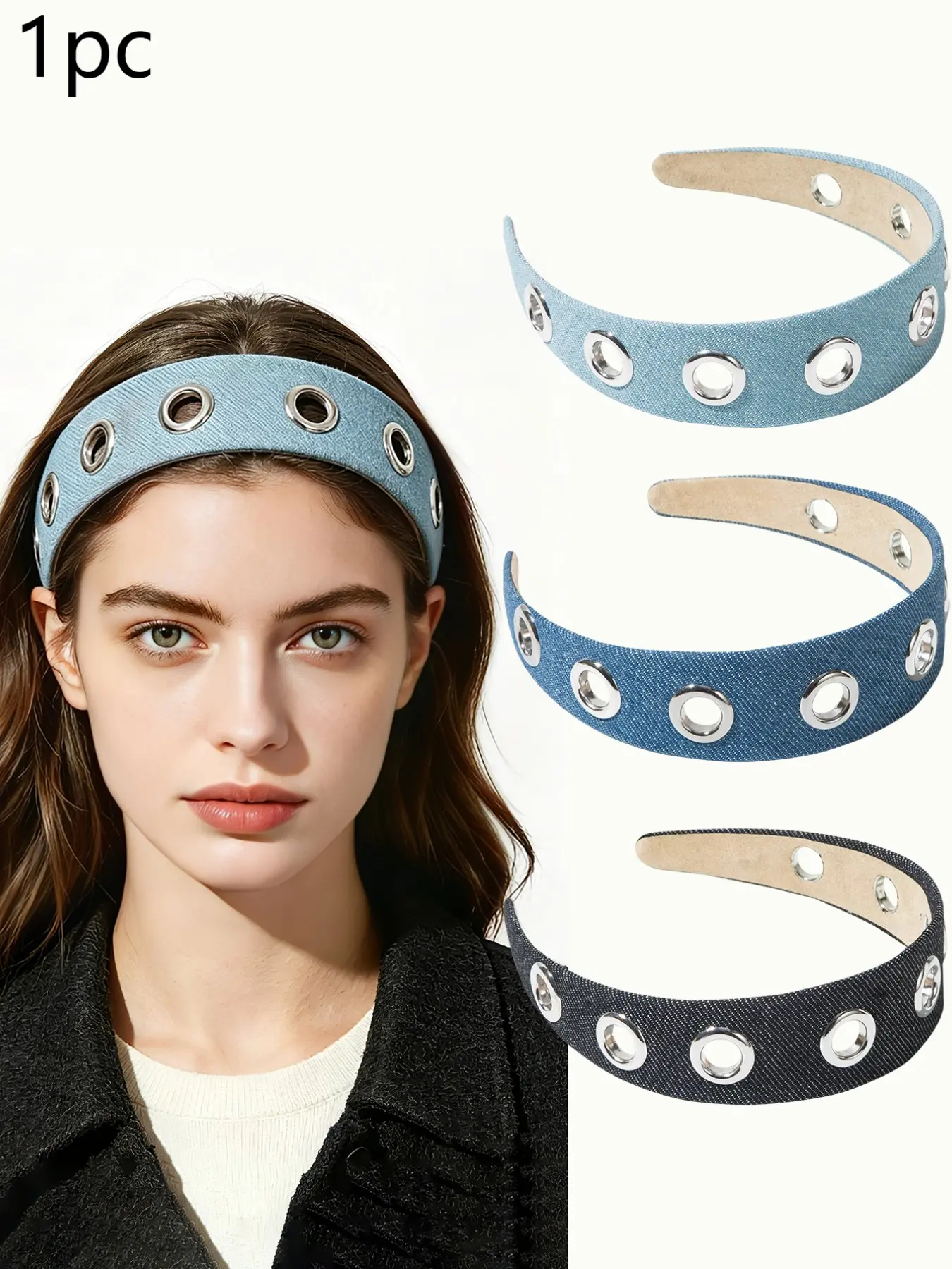 Elegant Women's Denim Wide Edge Metal Rivet Hairband, Sweet Cool Style, Versatile Headband for Daily Use, Parties, and Gatherings