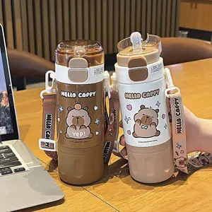 480ml Capybara Children Cute Portable Water Cup Stainless Steel Insulated Portable Bottle Double Cap kapibala Strap Water Kettle