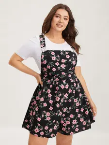 BLOOMCHIC Lady's Plus Size Polyester Floral Romper Overalls - Stretchy Smooth Polyester Garment, Adjustable Straps, Sleeves, Pocket, Great Fit - [M-6X] 2026 Summer Boho Oversized Womenswear Fit Fabric