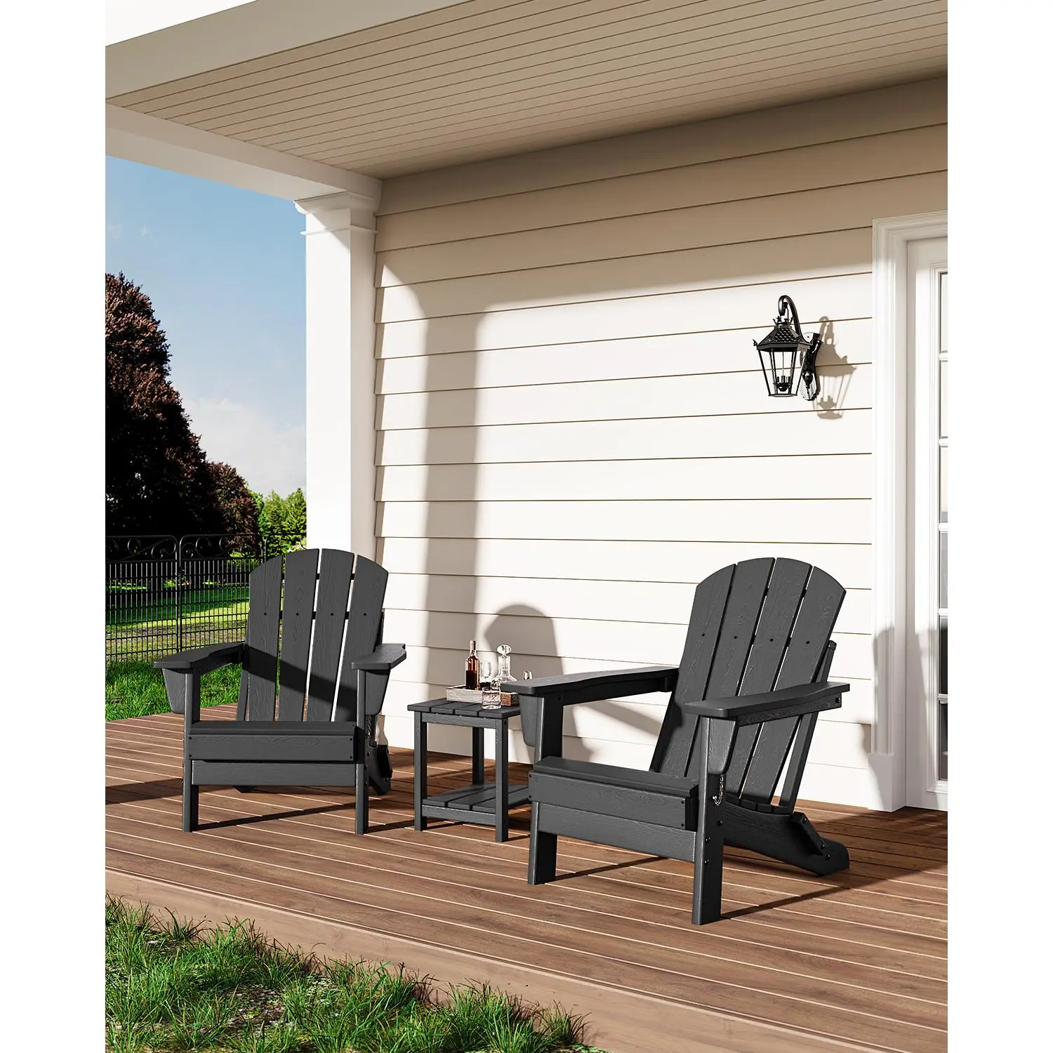 OUTGOODS 2 Pack Folding Adirondack Chair with Side Table, HDPE Weather Resistant Patio Lounge Chair, 4-Panel Embossed Wood Grain Backrest with Cup Holder, Ergonomic Outdoor Lounger Chair