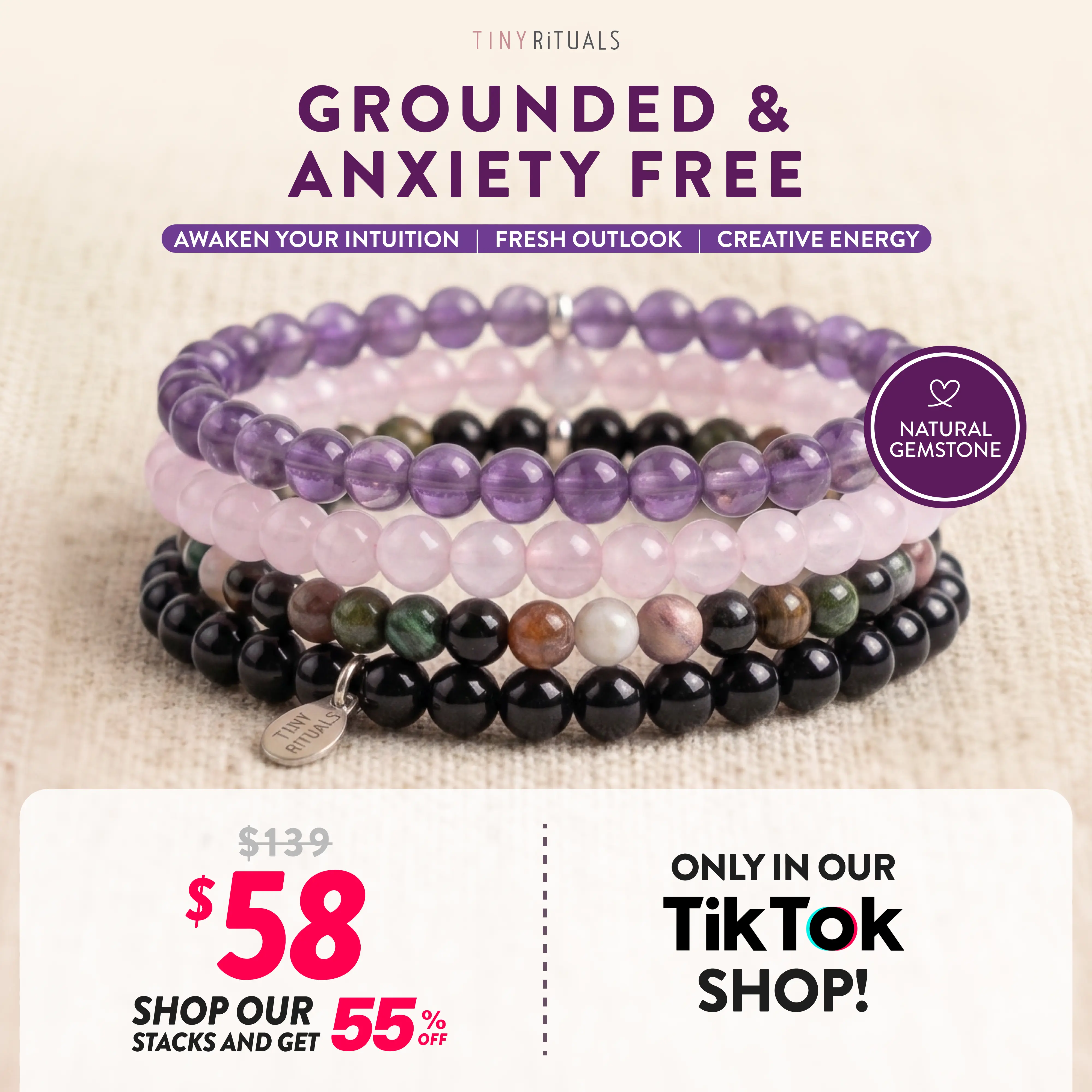 TINY RiTUALS Grounded & Anxiety Free Semiprecious Stone Bracelet-Anklet Pack, Jewelry Accessory for Stress Relief