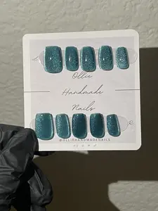 Blue Icy Short Glazed Donut Chrome Velvet Cateyes  Acrylic Press-On presson Aesthetic Square Oval Squoval Waterproof Long-lasting Affordable Cheap High Quality Art