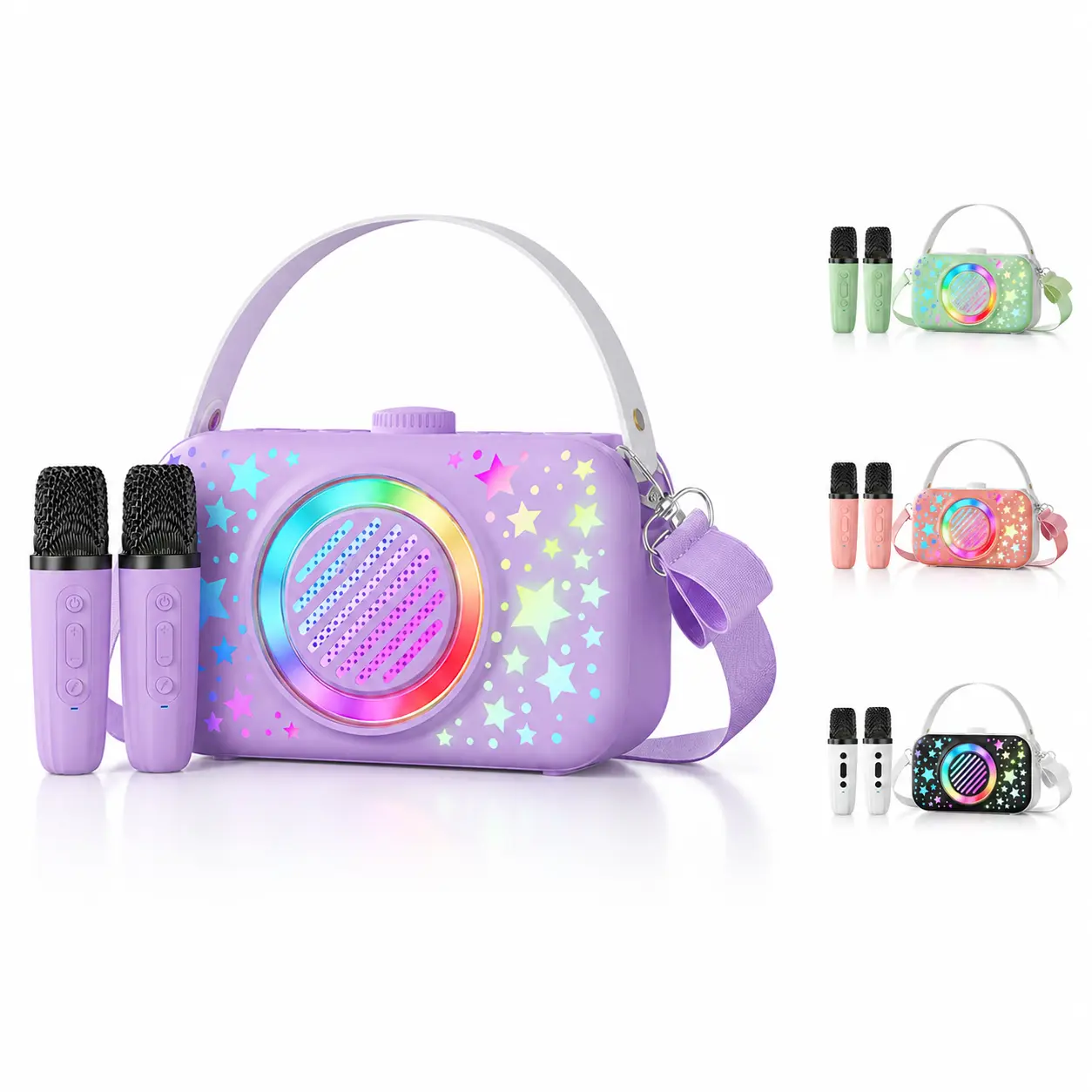 Portable Karaoke Machine, 2 Wireless Microphones, Bluetooth Speaker, RGB Star Lights, Rechargeable Mini Karaoke System with Shoulder Strap for Adults, Home Parties and Birthday Gifts