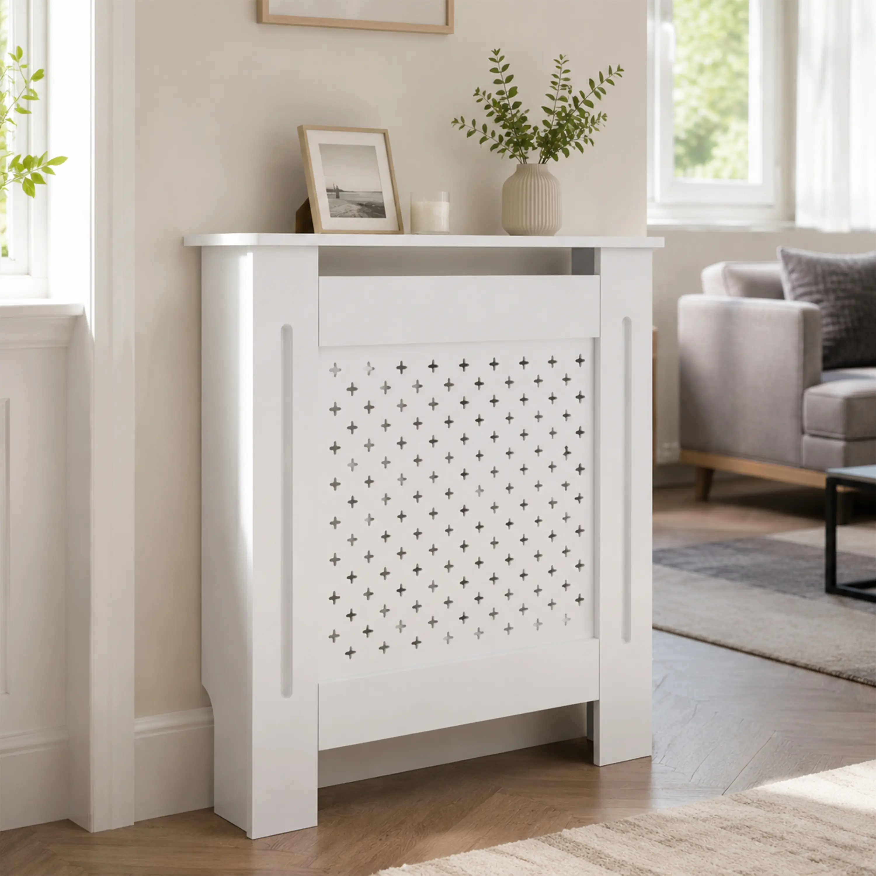 MDF Radiator Cover, Decorative Perforated Panel Heater Cabinet with Top Display Shelf, Easy to Assemble Home Heating Cover