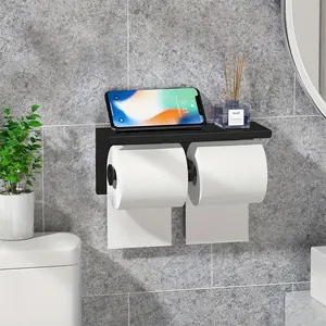 Stainless Steel Bathroom Dual Roll Paper Holder with Shelf, Wall Mounted Toilet Paper Dispenser, Flushable Napkin Organizer, Bathroom Accessory
