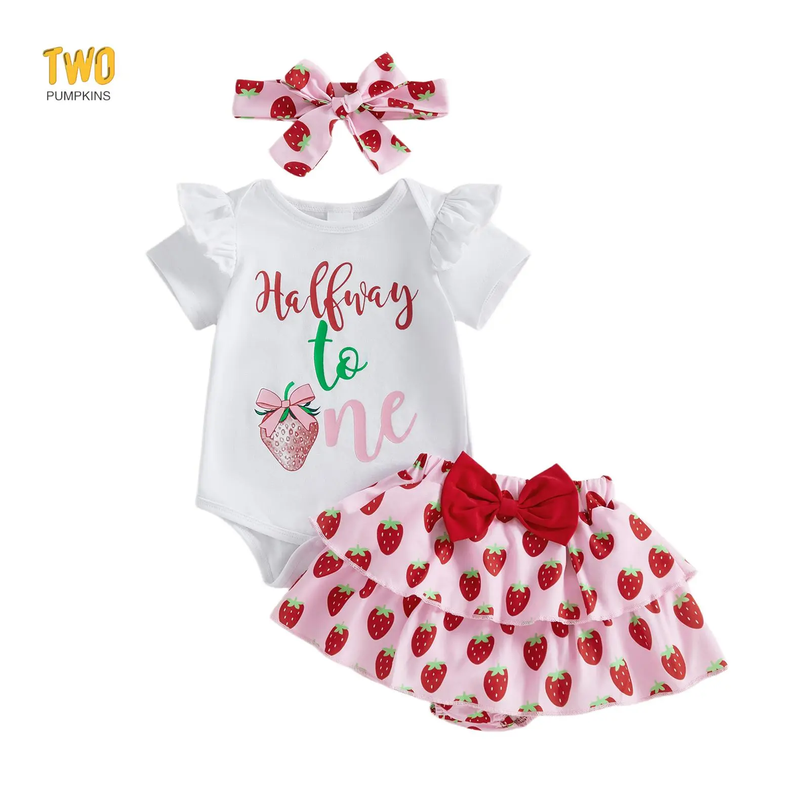 Half Birthday Outfit Baby Girl Romper Ruffle Bloomer Shorts Headband Set 1/2 Birthday Outfit Strawberry Clothes