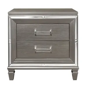 Elegant Style Silver-Gray Metallic Finish Nightstand Beveled Mirror Trim Dovetail Drawers Wooden Furniture