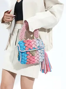 Women's Colorblock Braid Design Crossbody Bag, Fashionable Tassel Decor Shoulder Bag for Daily Used, Casual Trendy Versatile High-quality Daily Commuting Bag, Handbag Shoulder Bag, Fashionable Bohemian Bag, Handcrafted Bag