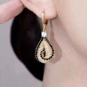 LisiZen Black Water Drop Hoop Earrings Gold-Tone with Sparkling Rhinestones, Chic Long Drop Fashion Jewelry Statement Earrings 2025 for Women Glamour Crystal Accents Luxurious DZEH3985