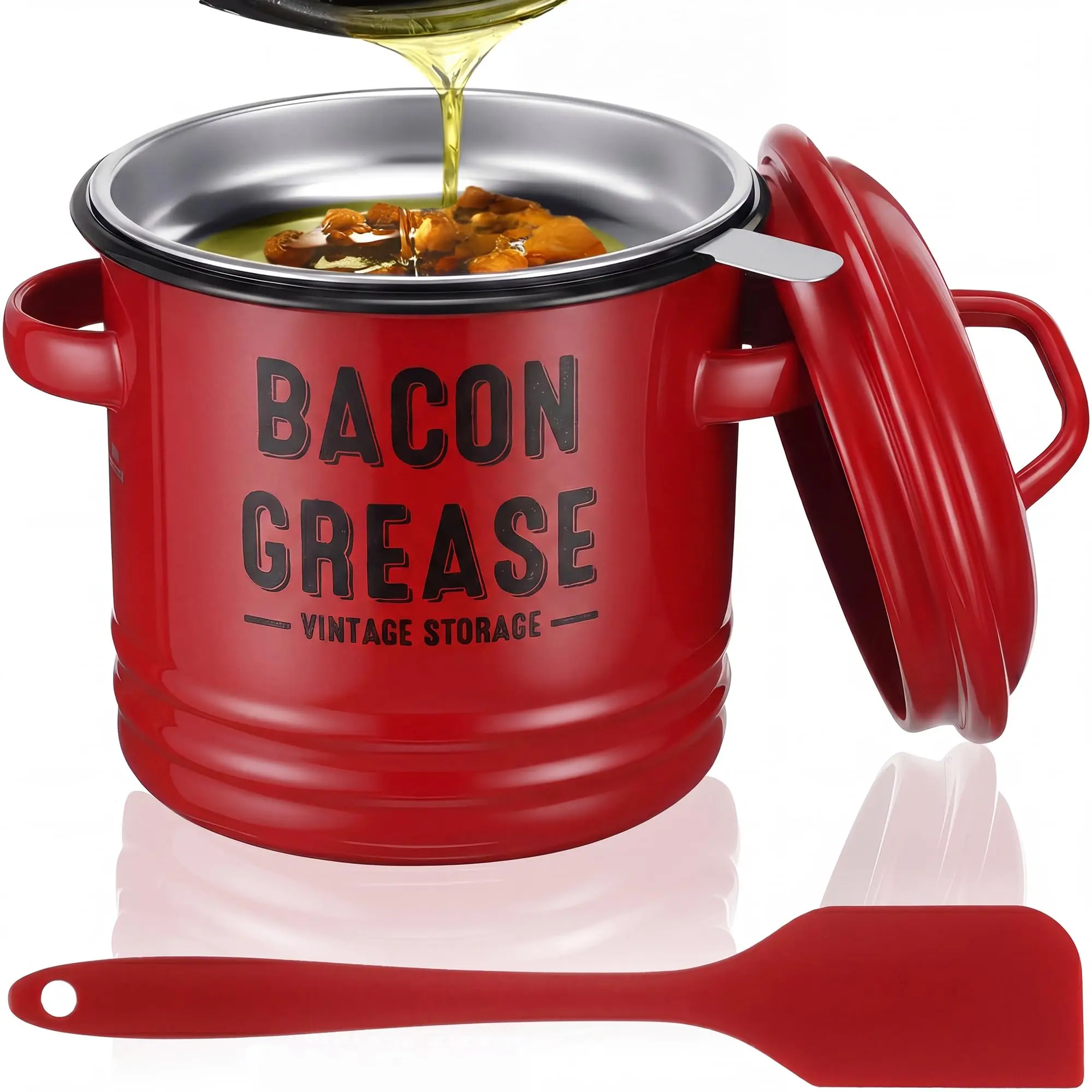 46oz/1.3L Filter-Type Rustic Farmhouse Enamel Bacon Grease Container with Fine Mesh Strainer - Food-Grade Silicone Spatula Dishwasher-Safe Fat Keeper for Cooks