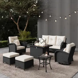 LayinSun 7 Pieces Outdoor Patio Furniture Set with Fire Pit Table, Rattan Wicker Sectional Swivel Rocker Chairs Set, Multiple Packages summervibes