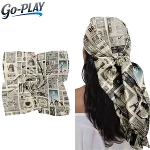 Women Vintage Newspaper Print Satin Square Scarf, Soft Skin-friendly Breathable Multi-use Hair Scarf Bandana, Summer Fashion Accessory for Daily Outings Date Beach Travel
