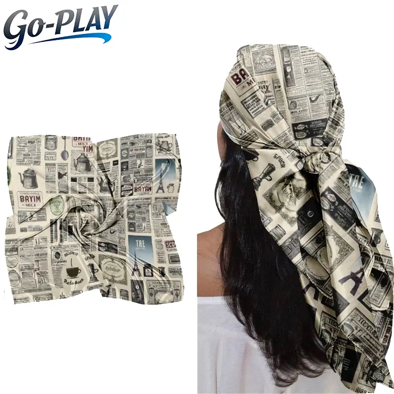 Women Vintage Newspaper Print Satin Square Scarf, Soft Skin-friendly Breathable Multi-use Hair Scarf Bandana, Summer Fashion Accessory for Daily Outings Date Beach Travel