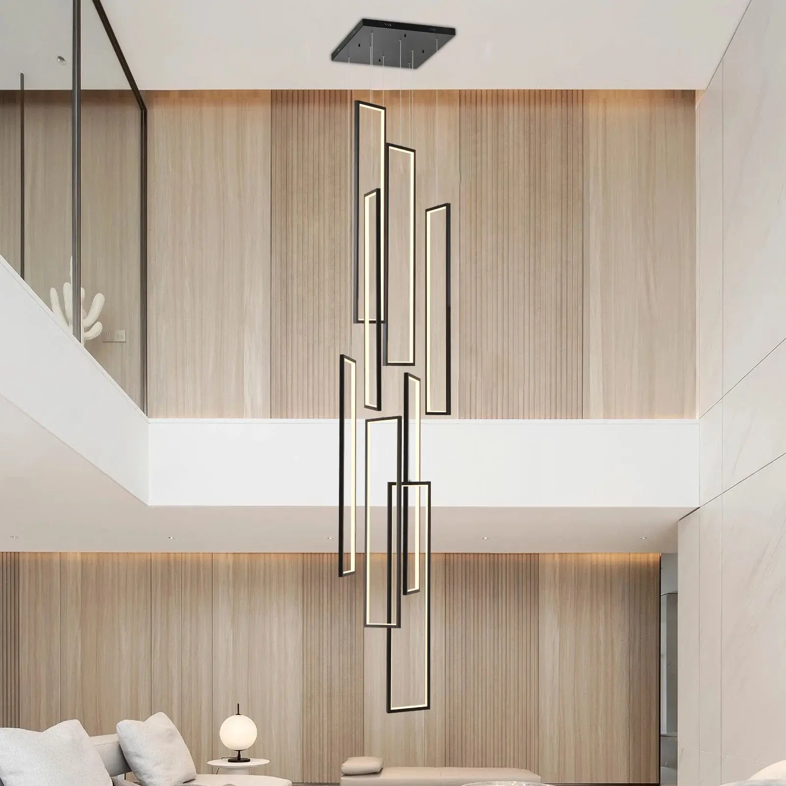Garwarm Rectangular LED Dimmable Chandelier - 8-Light Modern Fixture with Rectangular Shape, 8 Adjustable Suspension Wires, Acrylic Lampshades, Aluminum Lamp Bodies, Adjustable Color Temp, 110v-240v for Dining Rooms, Staircases